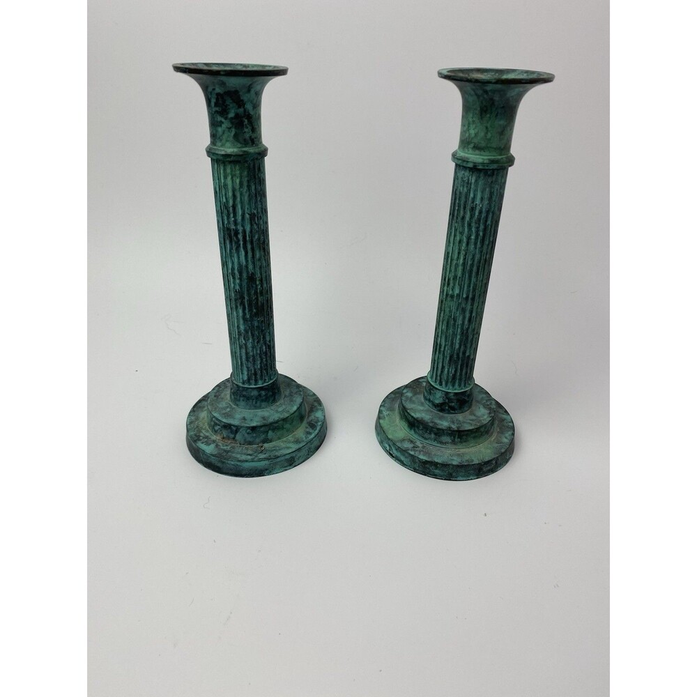 Reproduction Vintage 8 Inch Metal Candlesticks With Green Patina Made In India
